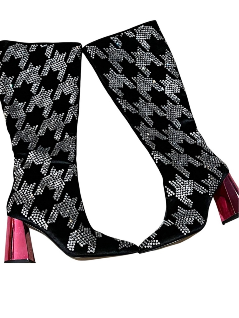 Betsey Johnson Naomy Rhinestone Houndstooth pink block heelTall Boots 6 NWOT - Picture 7 of 14